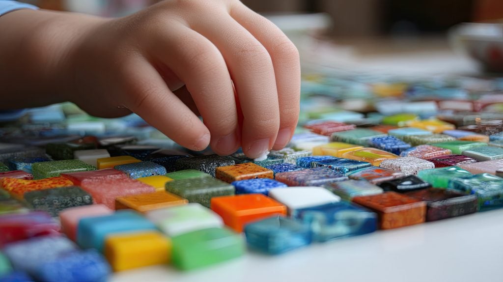 Kind gestaltet ein Mosaik im Kreativworkshop für Kindergeburtstage.