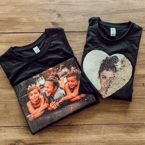Personalisierte Wendepailletten Shirts mit Foto Druck schwarz